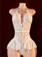 Women's Lace Bodysuit Halter Neck Deep V Backless Floral Sheer One Piece Lingerie with Ruffle Skirt for Nightwear