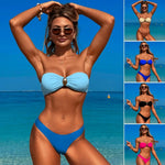 2Pcs/Set Women Swimwear Solid Color Split Design Bikini Set Bandeau Padded No Wire Bra High Waist Swimming Trunks Set Swimsuit