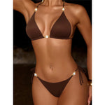 New Halter Pearls Bikini Women Swimwear Female Swimsuit Two-pieces Bikini set High Leg Cut Padded Bather Bathing Suit Swim K7194