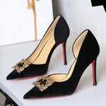 Women 10cm Super High Heels Pointed Toe Side Hollow Work Pumps Metal Crystal Buckle Velvet Stiletto Fashion Banquet Lady Shoes