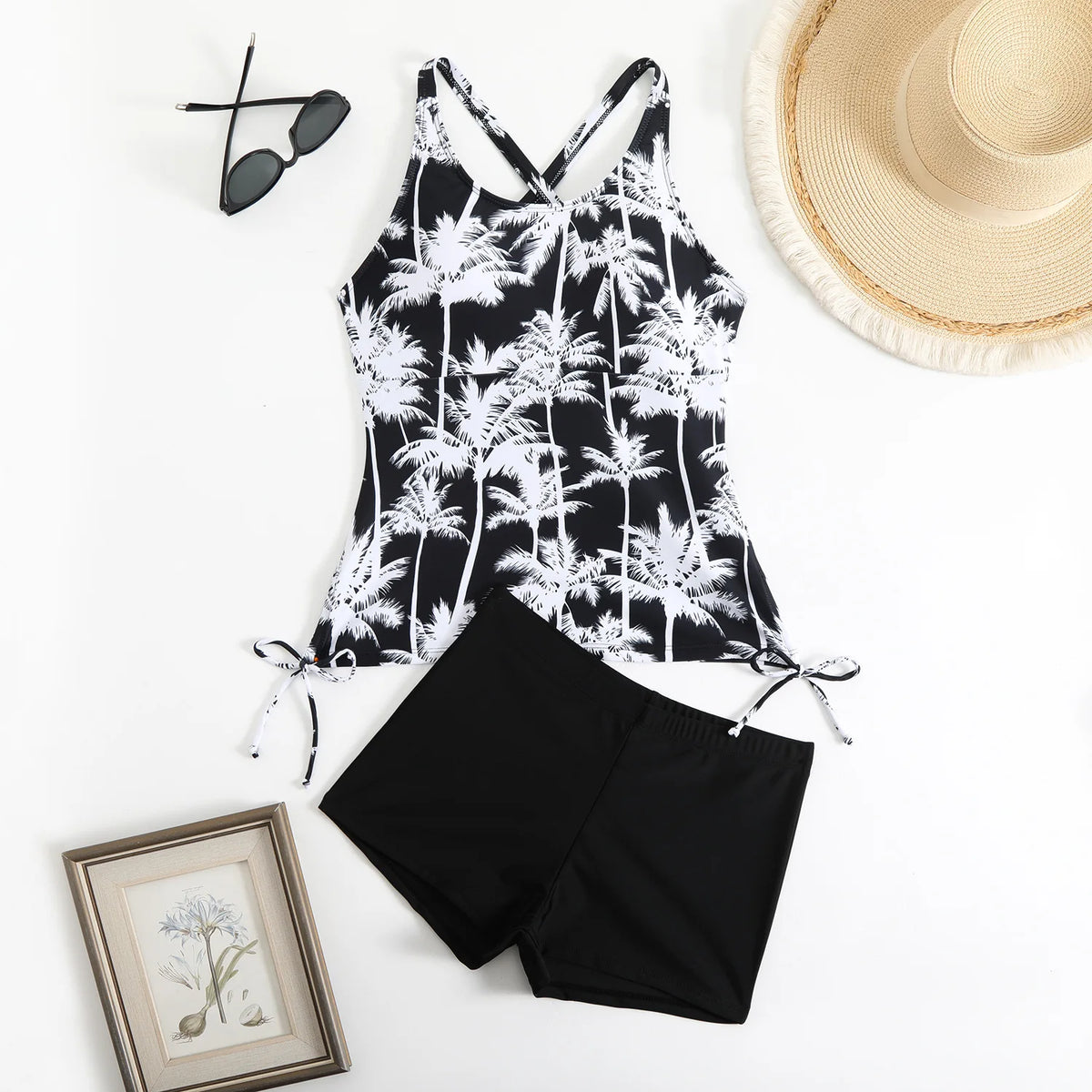 High Waist Swimwear Women 2025 New Two Pieces Swimsuit with Shorts Coconut Palm Print Tankini Set Summer Bathing Suit Trunks