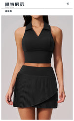 Women's Tracksuit Yoga Set 2 Pieces High Waist Pleate Pocket Skort Fitness Suit Turn Down Collar V Neck Slim Tank Top Sporstwear