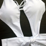 Knotted Backless Cut Out Halter One Piece Swimsuit Women Swimwear Female Monokini High Cut Bather Bathing Suit Swim Lady V3817