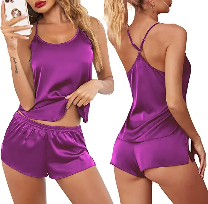 Summer New Ice Silk Spaghetti Strap Sexy Women Pajamas Pure Color Thin Section Fashion Sleepwear