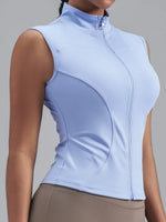 Women Zipper Yoga Shirts Solid Stand Up Collar Elastic Slim Fit Sports Jacket Breathable Sleeveless Sunscreen Workout Clothes