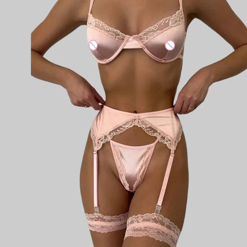 Toucheart 4PCS Patchwork Sexy Interesting Underwear Thong Set Slim Backless Lace Up Hollow OutFloral Mesh Sexy Underwear Set