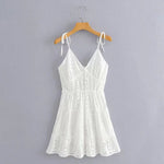 Foridol White Lace Sleeveless Summer Dress Women Hollow Out Embriodery Sundress Casual Button Beach Boho Vintage Short Dress