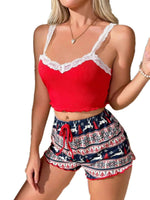 Women Pajama Set Lace Patchwork V-Neck Sleepwear Sexy Nighties Suit Camisole Top Printed Shorts Soft Pyjamas Loungewear