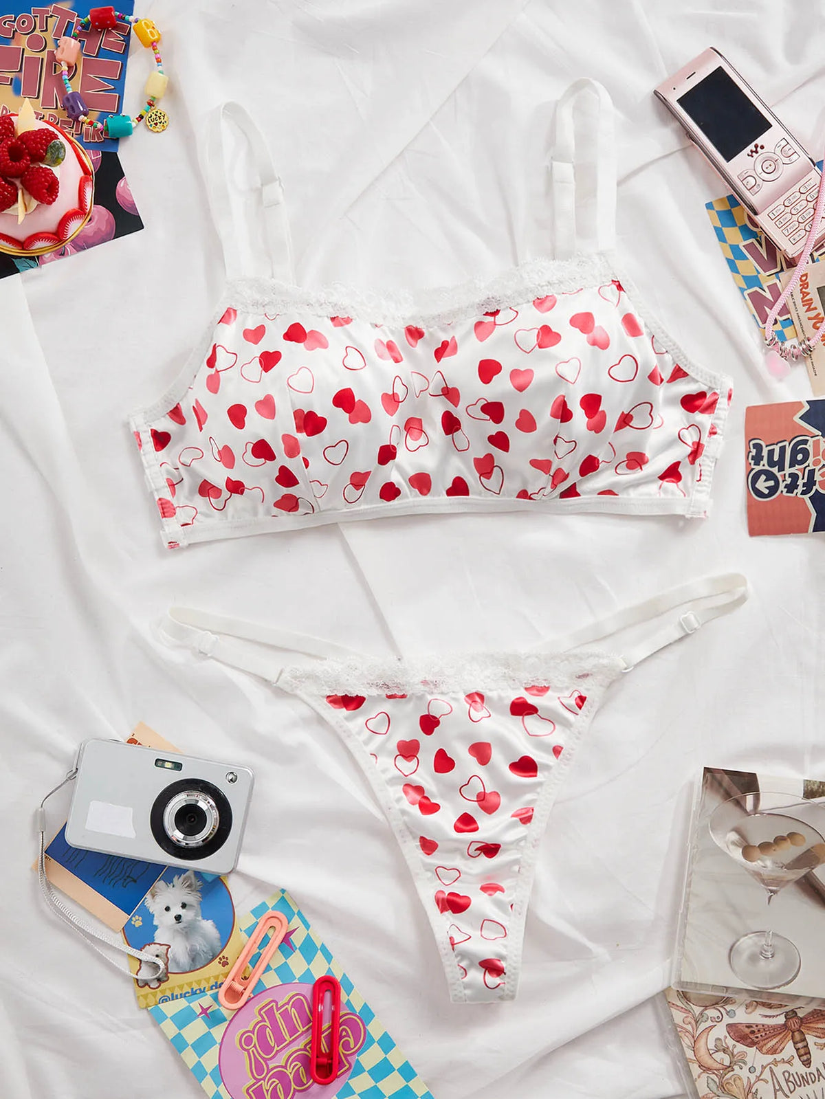 Women Heart Print Sexy Lingerie Set Lace Trim Wireless Bandeau Bra & Adjustable Strap Thong Sexy Underwear
