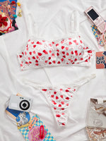 Women Heart Print Sexy Lingerie Set Lace Trim Wireless Bandeau Bra & Adjustable Strap Thong Sexy Underwear