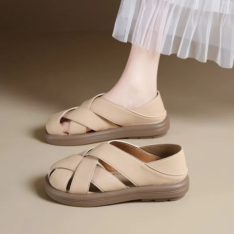 2026 Summer Flat Shoes Women CrossHollow Out Breathable Sandals Ladies Soft Sole Slip On Casual