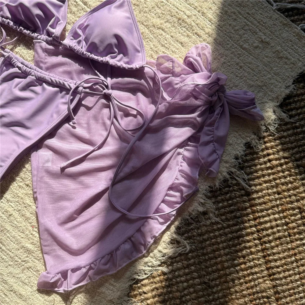 Sexy 3D Flower String Halter Bikinis 2025 Women Swimsuit Cover Ups Lace-up Thong Swimwear Beach Wear Bather 3 Piece Bikini Set