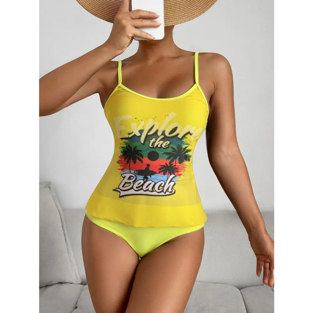 Summer Swimwear for Women Tankini Sets Swimsuit Vintage Padded Mesh Bathing Suit Print Beachwear Female Women's Swim Wear 2025
