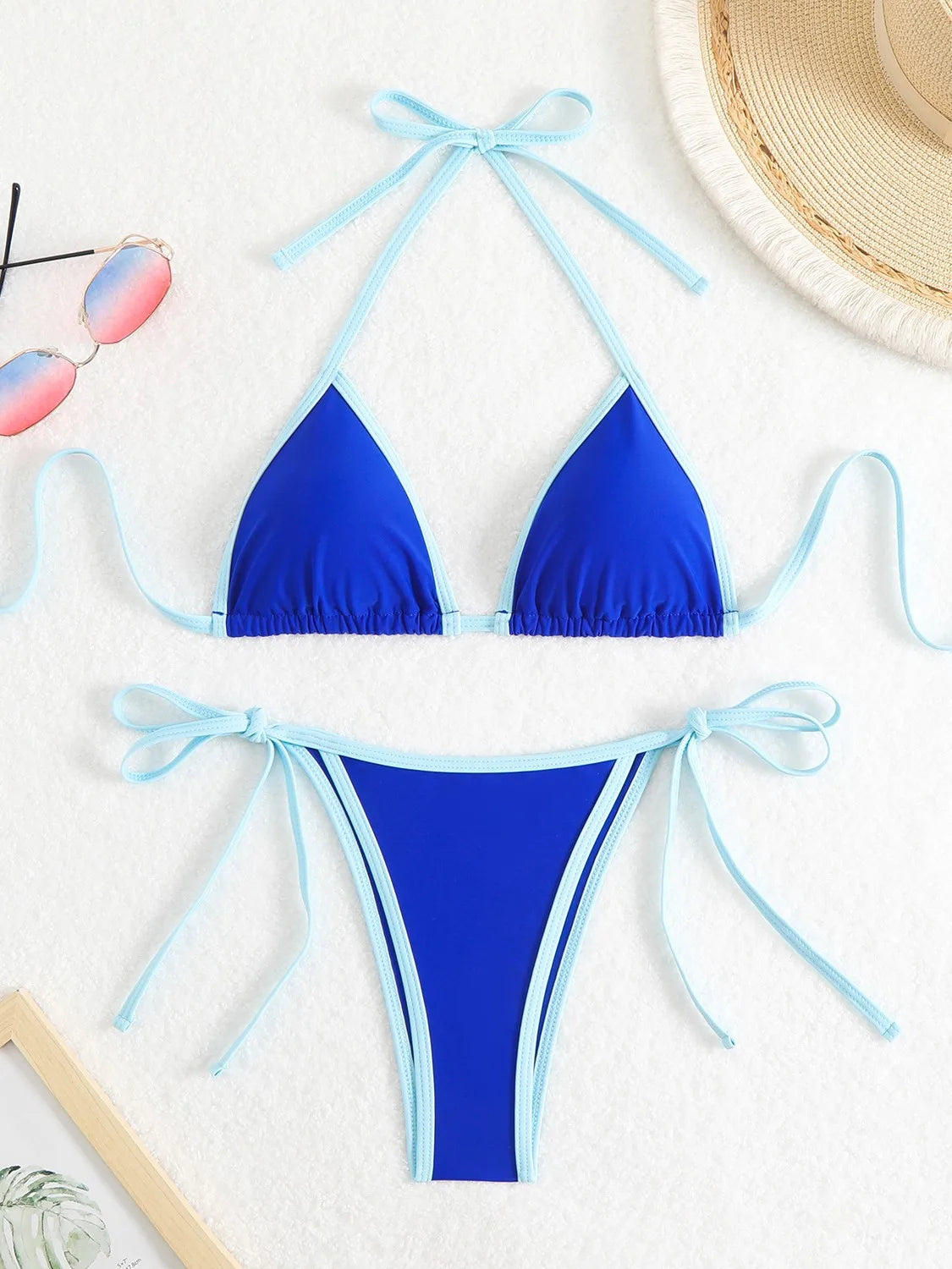 Sexy Micro Bikini 2025 Women Pink Blue Contrast Push Up Tie Side Thong Swimsuit Brazilian Beach Bandage Bathing Suit Swimwear