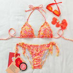 Women Cute Bikini Set 2025 New Summer Orange Floral Print Halter Ruffles Push Up Tie Side Thong Swimsuit Bathing Suit