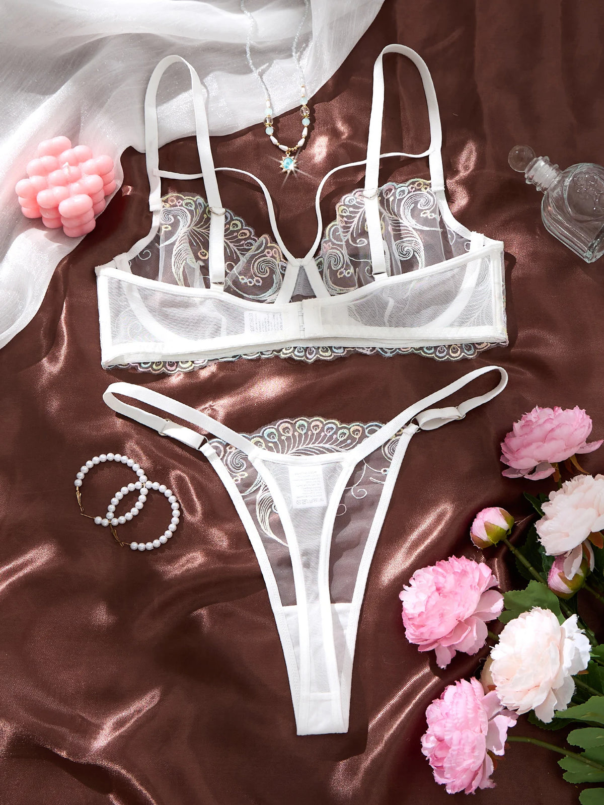 White Iridescent Peacock Feather Embroidered Lace Bra and Panty Set Women Sexy Sheer Mesh Underwear Two Piece