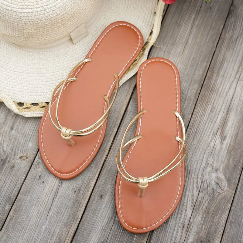 2026 Fashion Solid Color Casual Slippers Summer Comfortable Silver Gold Women's Shoes Beach Home Flat Simple Women's Slippers