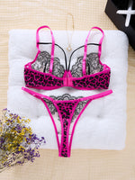 Hot Pink Leopard Print Floral Lace Lingerie Set Underwire Bra With Matching Thong Women Sexy Intimates ZA825120