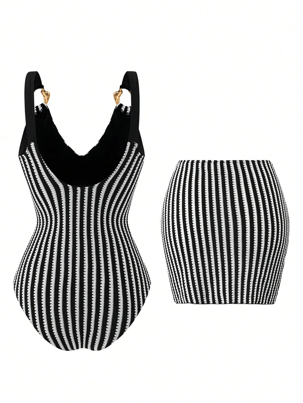 Vintage Black Striped Swimwear Skirts Set Women 2026 Metal Buckle Strap V Neck Slimming Bathing Suit Holiday One Piece Swimsuit