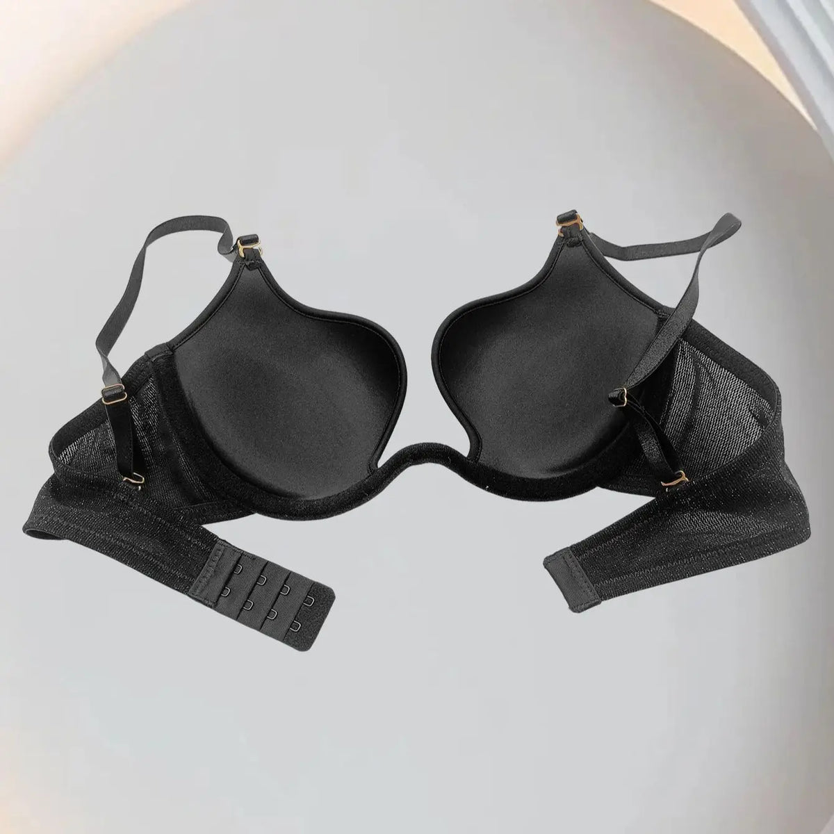 Black deep V-neck cinched top underwear for women, large breasts make small, soft steel coil bra, sexy mesh bra