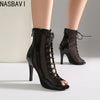Plus Size Women Patent Leather Mesh Spliced Ankle Boots Back Zipper Peep Toe Lace Up Stiletto High Heels Hollow Out Summer Booti
