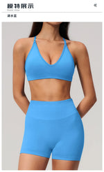 Seamless Yoga Excersize Sets Women Cross Back Sports Bra Tracksuit Workout Clothes High Waist Hip Lifting Shorts Fitness Suits