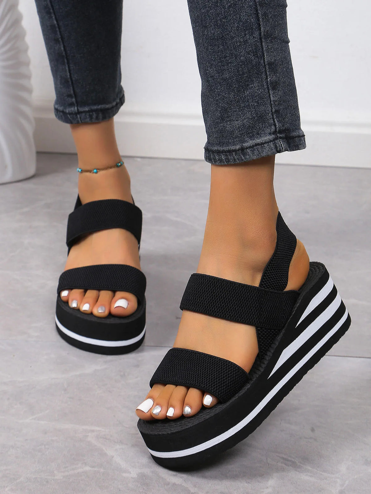 New Minimalist Slingback Wedge Sandals Summer Light Weight Shoes Striped Color Sole Thick Bottom Ladies Leisure Sandalias
