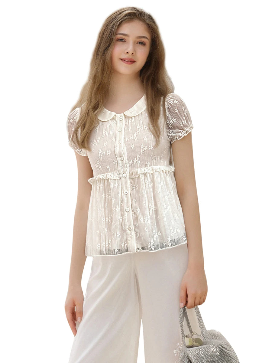 Women's Summer Solid Color Lace Short Sleeve Tops Doll Collar Button Down Ruffled Loose T-shirts