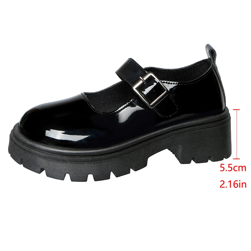 Patent Leather Thick Sole Mary Jane Shoes Women 2025 Ankle Buckle Platform Pumps Woman Round Toe High Heel Lolita Shoes Female