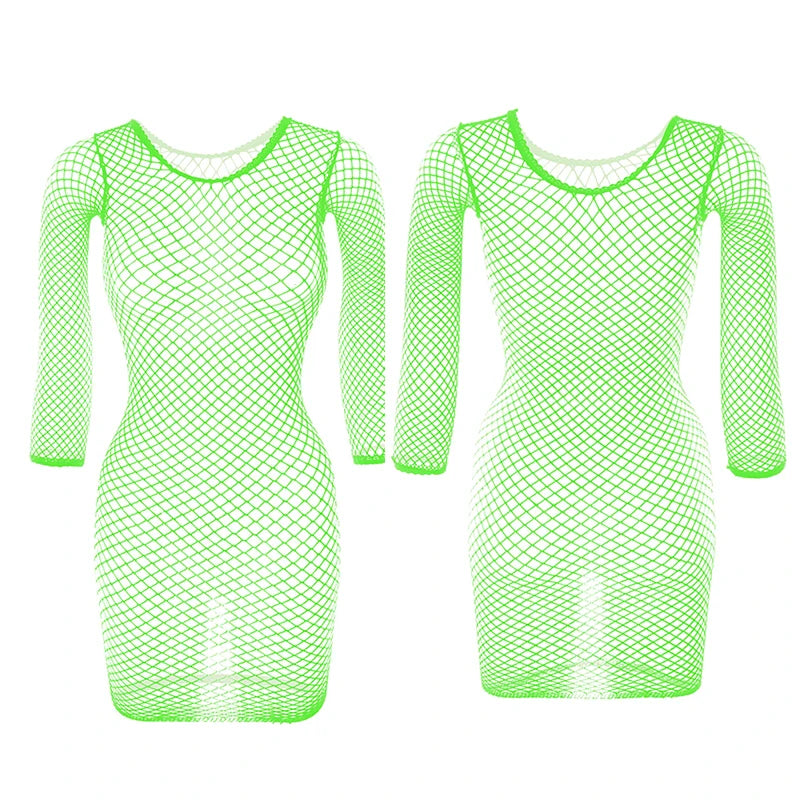 1PC Women Sexy Fishnet Beach Cover Up Long Sleeves Hollow Out Bodycon Dress See Through Summer Swimwear