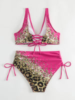 2026 Drawstring V Neck High Waist Bikini Women Printed Swimwear Female Swimsuit Bathers Bathing Swimming Suit Beachwear Summer