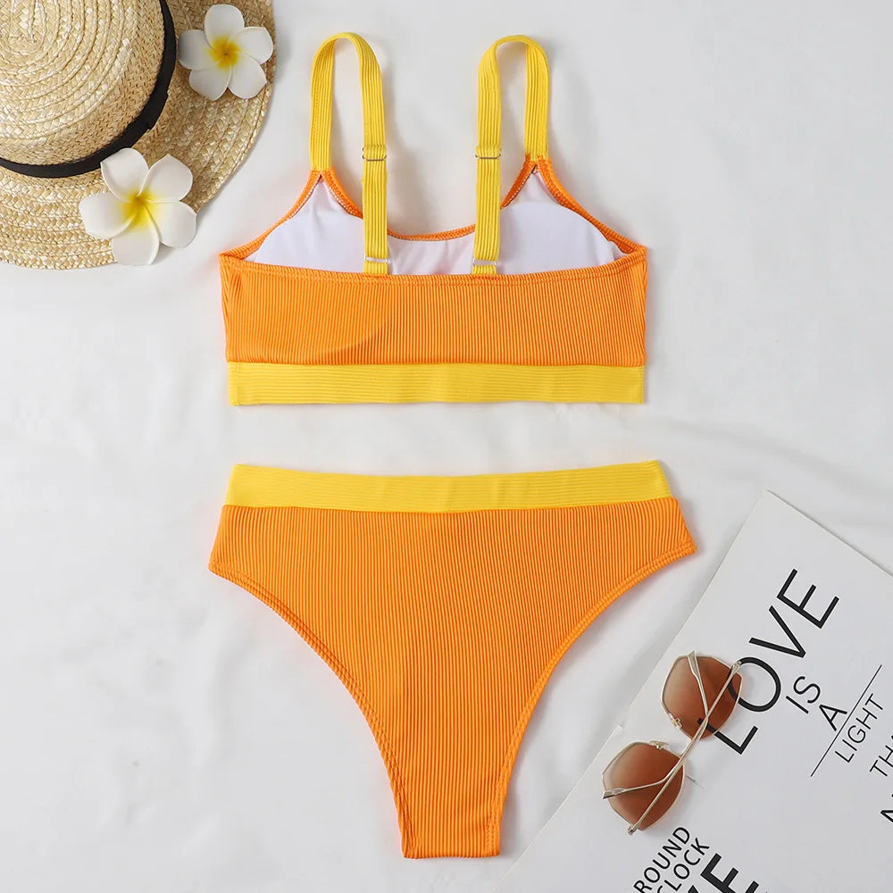 Orange High Waist Bikini 2022 Swimsuits Push Up Swimwear Women Splicing Biquini Beachwear Sexy Ribbed Bathing Suits Female New