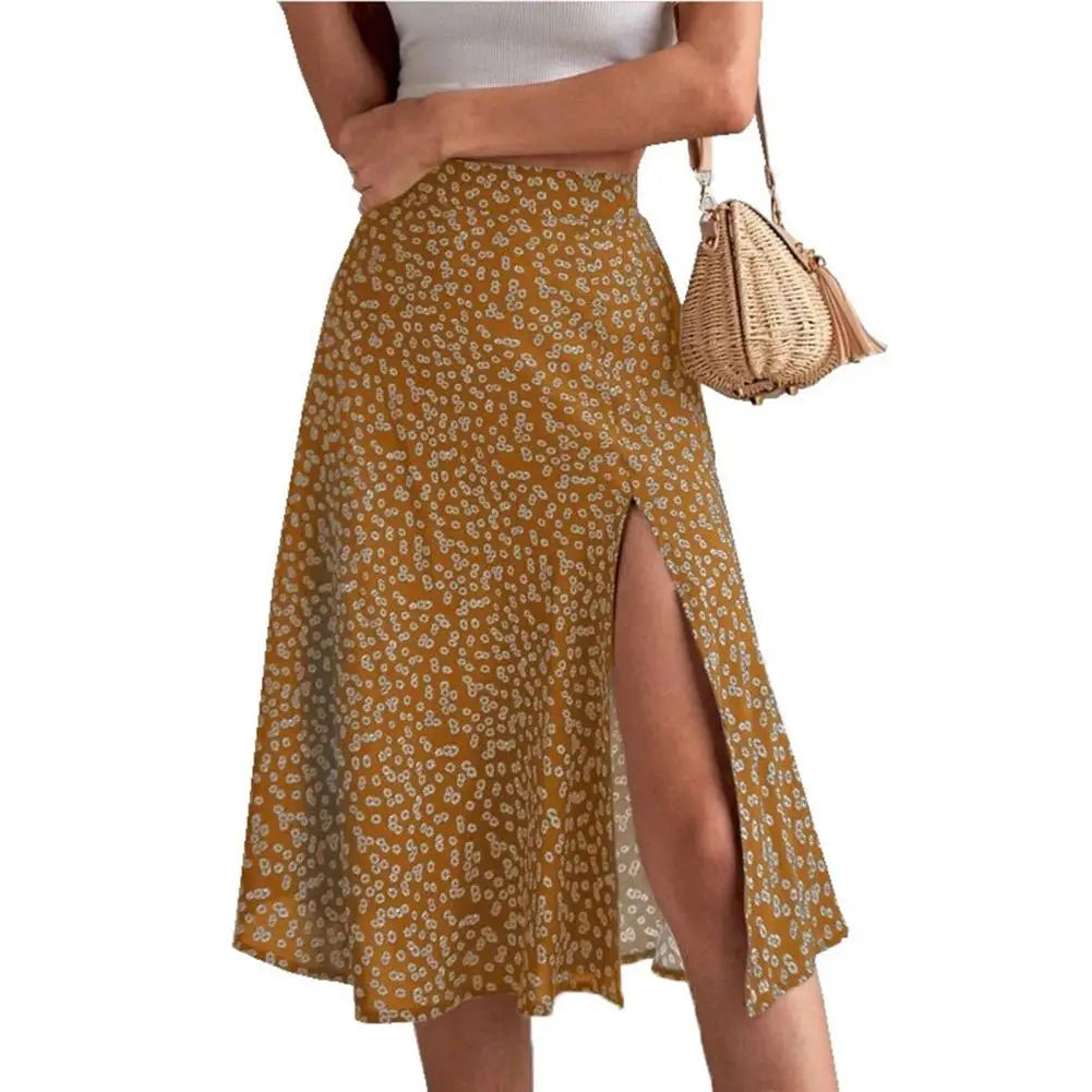 Women Summer Skirt Slit A-line High Waist Floral Print Loose Dress-up Elegant Breathable Lady Midi Skirt Female Clothes