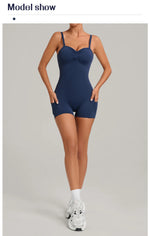 Womens Two Way Wear Bodysuit Sleeveless Yoga Stretch One Piece Romper Sexy Fitness Side Pockets Sportwears Bodysuit