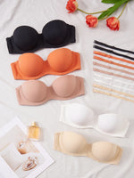 5Pcs Half Cup Solid Women Bra Detachable Straps Push up Brassiere Invisible Anti Slip Strapless Bandeau Bra