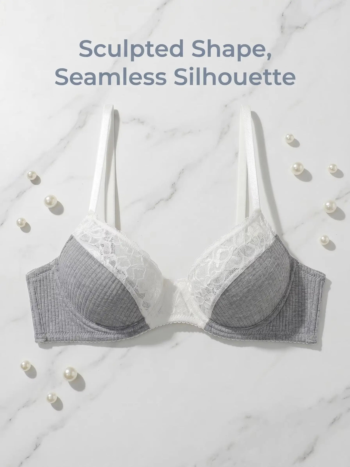 Ladies Bra Grey Ribbed Knit with White Lace Panel Sculpted Support Padded Bralette Smooth Comfort Women Lingerie MR3458