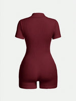 Women's Solid Color Half Zip Ribbed Knit Short Sleeve Romper Sports Soft Slim Fit Mock Neck Jumpsuit Streetwear 2025 Summer