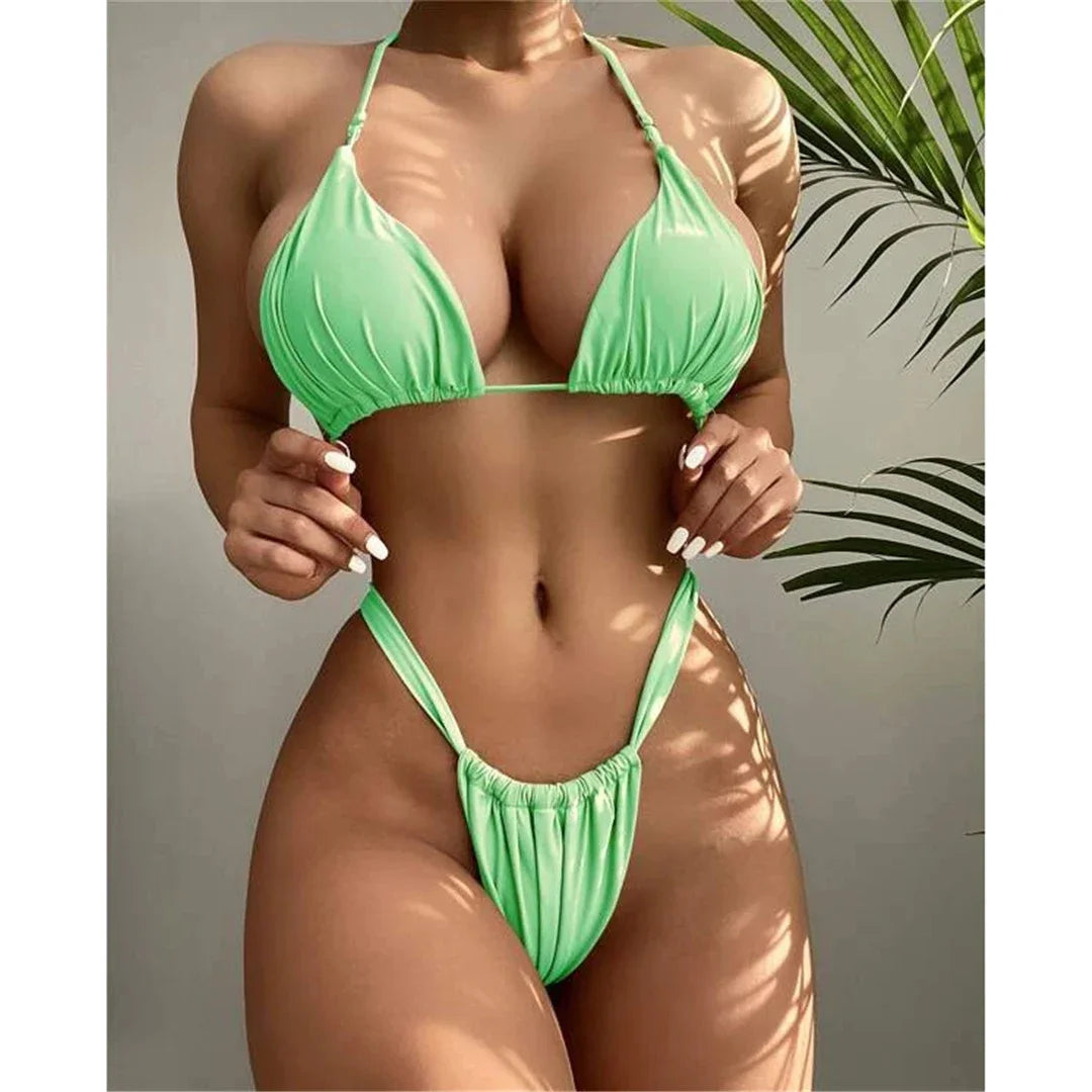 Wrinkled High Cut Mini Micro Thong Bikini Women Swimwear Female Swimsuit Two-pieces Bikini Set Halter Bather Bathing Suit Swim