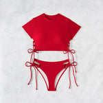 2026 New 2 Piece Swimsuit for Women Solid Color Sexy Drawstring Short Sleeve Bikini Set Beach Vacation Bathing Suit Swimwear