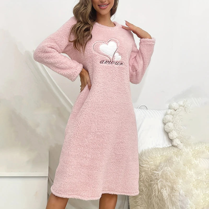 Super-Soft Flannel Nightgown Pink Heart Embroidery Long-Sleeve Round Neck Dress Comfortable Fit Warm Women's Homewear Loungewear