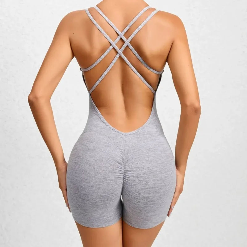 Seamless Yoga Jumpsuits Sports Fitness Pleated Peach Hip-lifting Beauty Back Dance Jumpsuit Workout Gym Shorts Set for Women