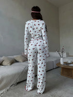 Autumn Winter Pajama Set Women 2pcs Y2K-Style Cherry Print Cuffed-Long-Sleeve Tops and Long Trousers Sleepwear Homewear