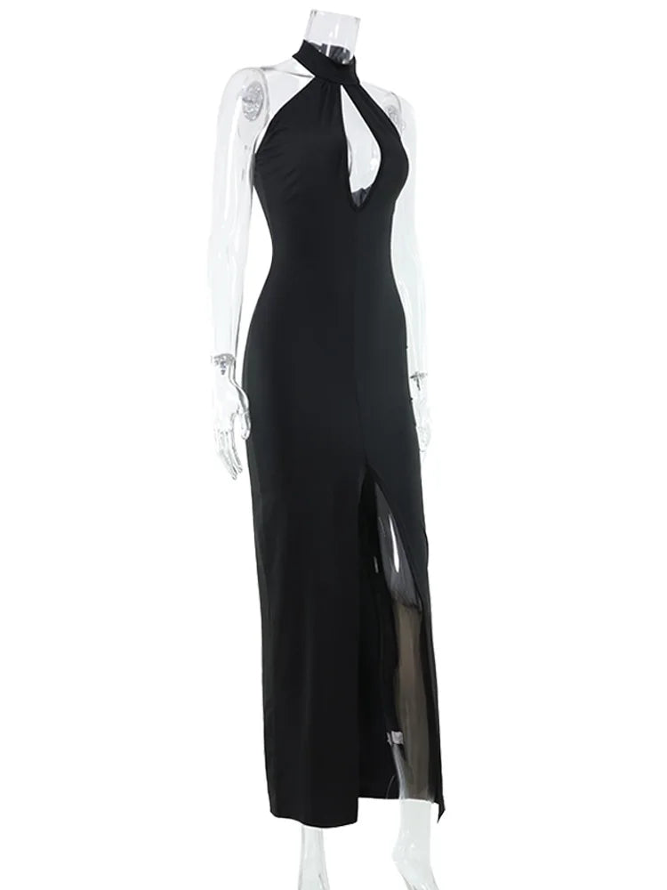 Ahagaga Sexy Halter Women's Maxi Dresses Solid Hollow Out Sheath High Split Party Backless Elegant Tight Fitting Hip Hugging