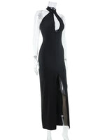 Ahagaga Sexy Halter Women's Maxi Dresses Solid Hollow Out Sheath High Split Party Backless Elegant Tight Fitting Hip Hugging