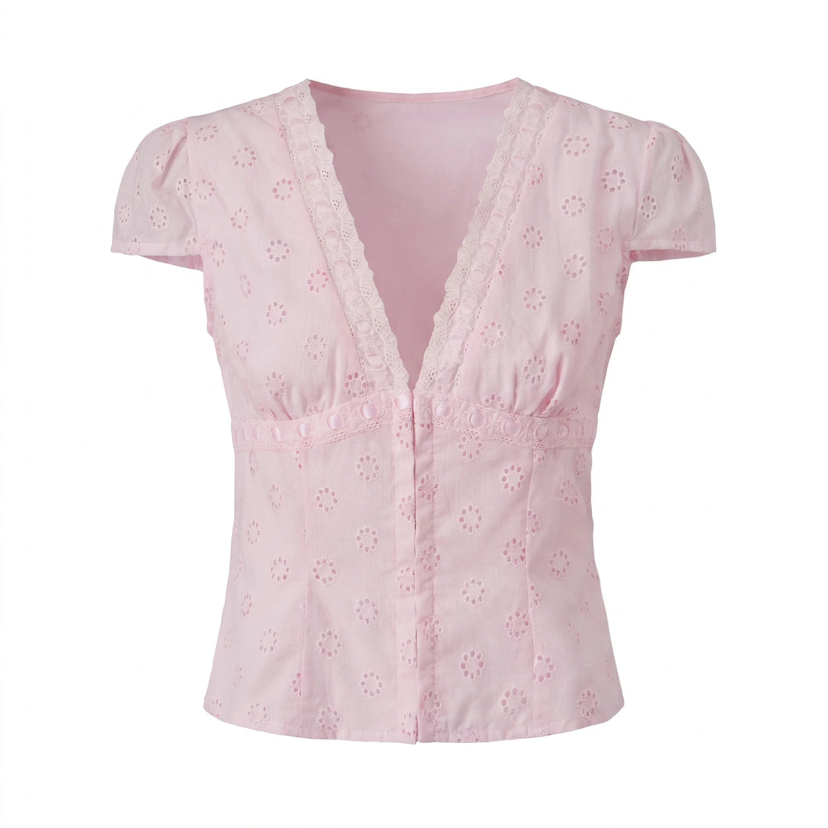 Women's Solid Color Short Sleeve Tops Eyelet V Neck Button Down Slim Fit Shirts Fashion Summer Retro Casual Cropped Blouse