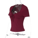 FDYOUI Women's Fashion Lace Patchwork T-shirt Streetwear Ladies Sexy Short Sleeve Bandage Tops Tees Y2K Slim Corset T Shirts