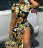 Trendy Printed Slim Midi Dresses Women Fashion Package Hip Bodycon Short Sleeves Drawstring Slit Dress Casual Ladies Streetwear