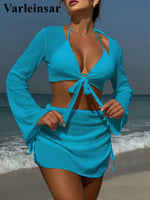 9 Colors New Long Sleeve With Skirt Bikini Female Swimsuit Women Swimwear Four-pieces Bikini set Bather Bathing Suit Swim V6358P