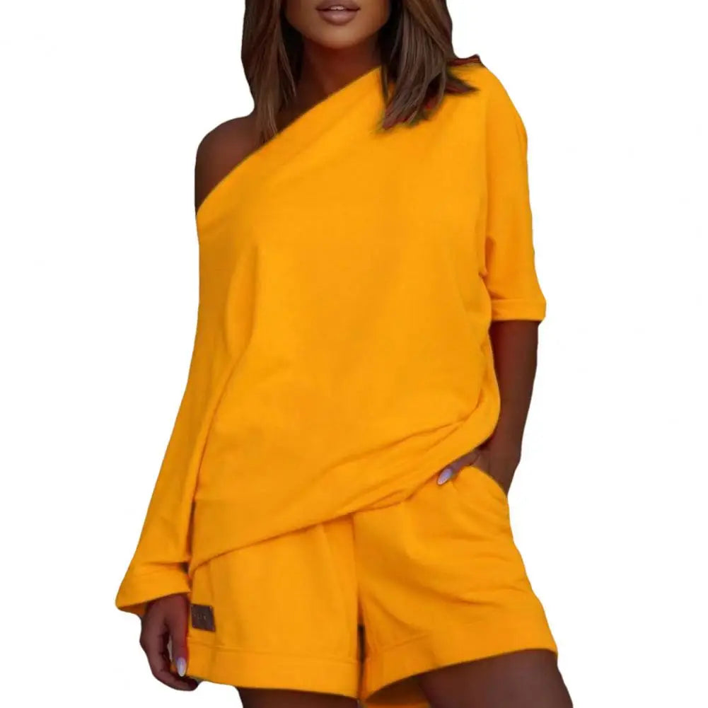 2 Pcs/Set Women Tracksuit One-shoulder Short Pants Solid Color Leisure Summer Top Set