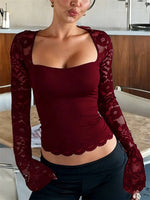 Women's Sexy Lace Patchwork Square Collar Flare Sleeve T-Shirt Elegant Slim Fit Long Sleeve Cropped Top Spring/Fall 2026